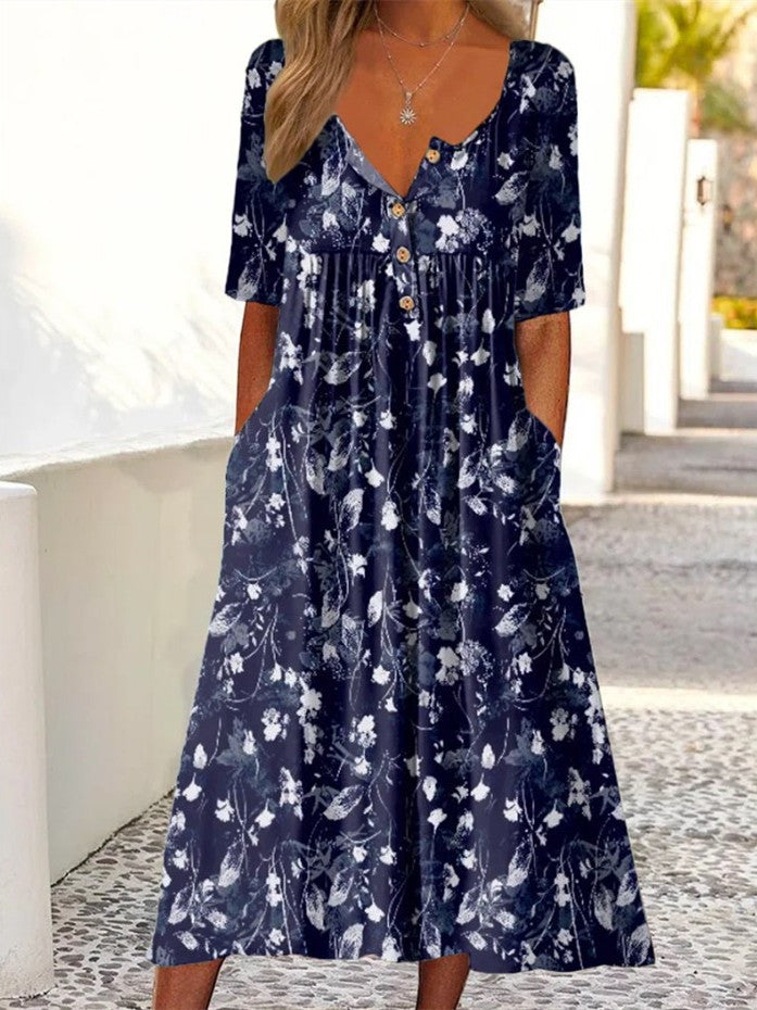 Women's Short Sleeve Round Neck Button Flower Print Casual Dress