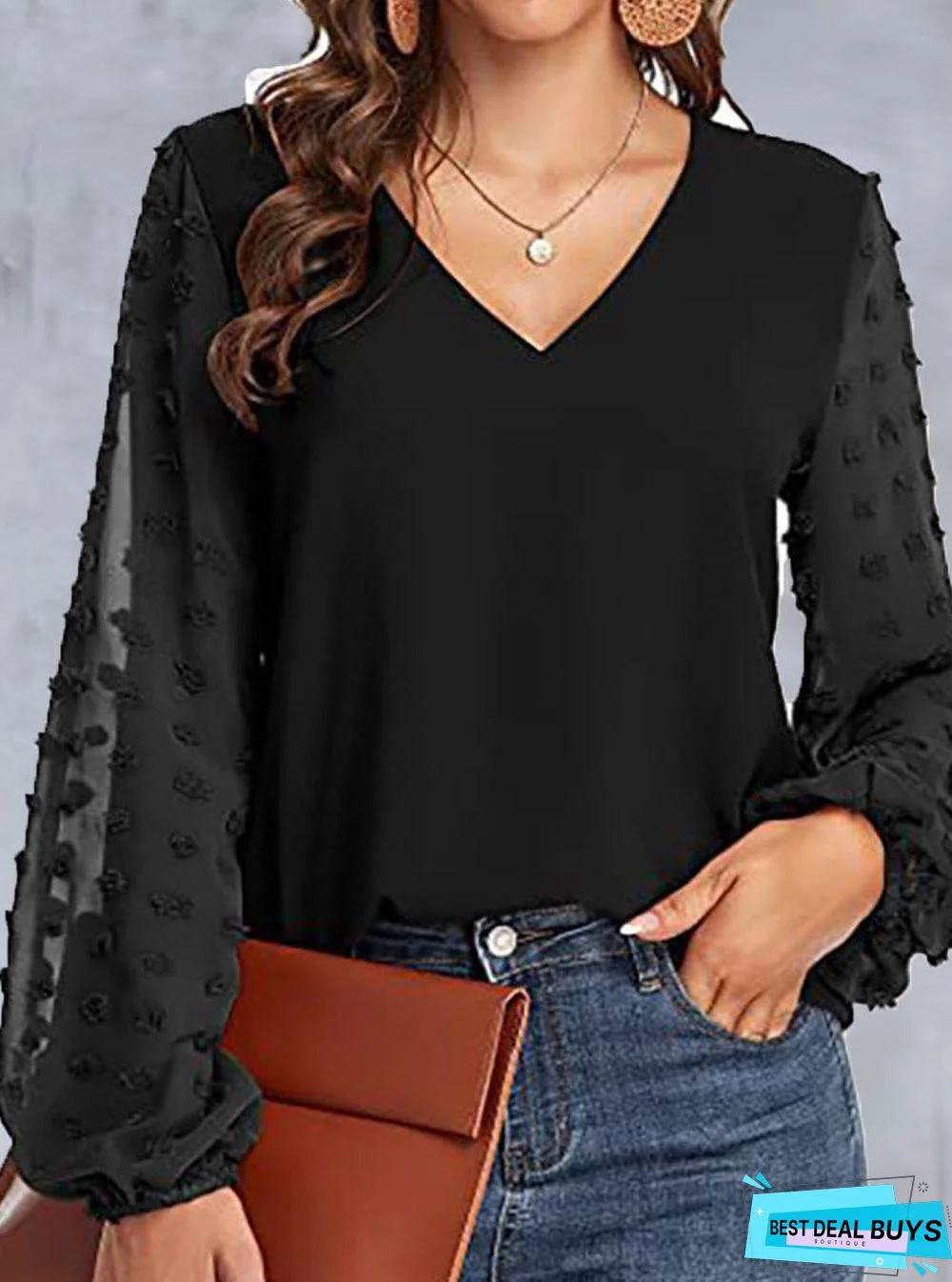 V-Neck Paneled Casual Long-Sleeve Blouse