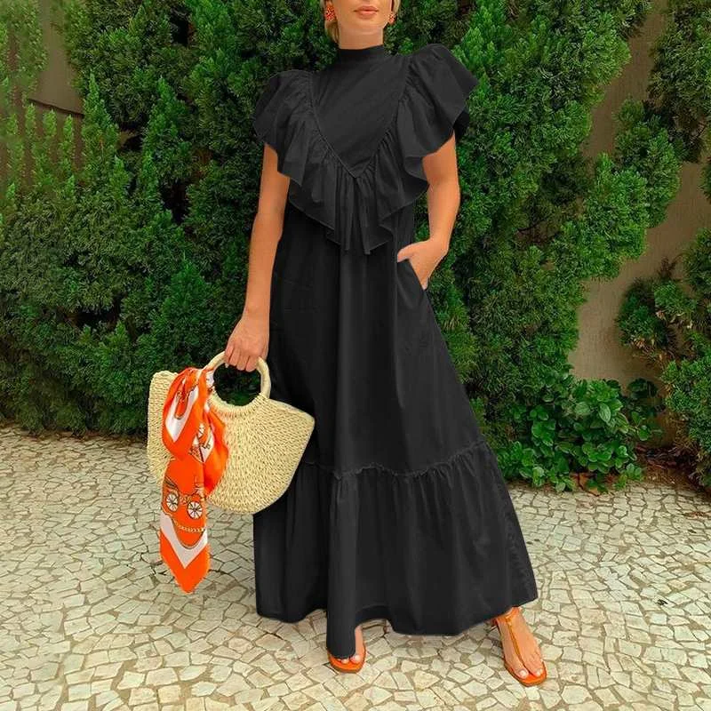 Women Bohemian Ruffles Maxi Dress Celmia 2021 Summer Sexy Sleeveless Long Dresses Solid Casual Pockets Party Beach Vestidos Robe