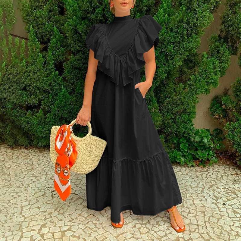 Celmia Women 2022 Summer Sleeveless Maxi Dress Bohemian Fashion Ruffles Solid Long Dresses Casual Pockets Beach Vestidos Robe