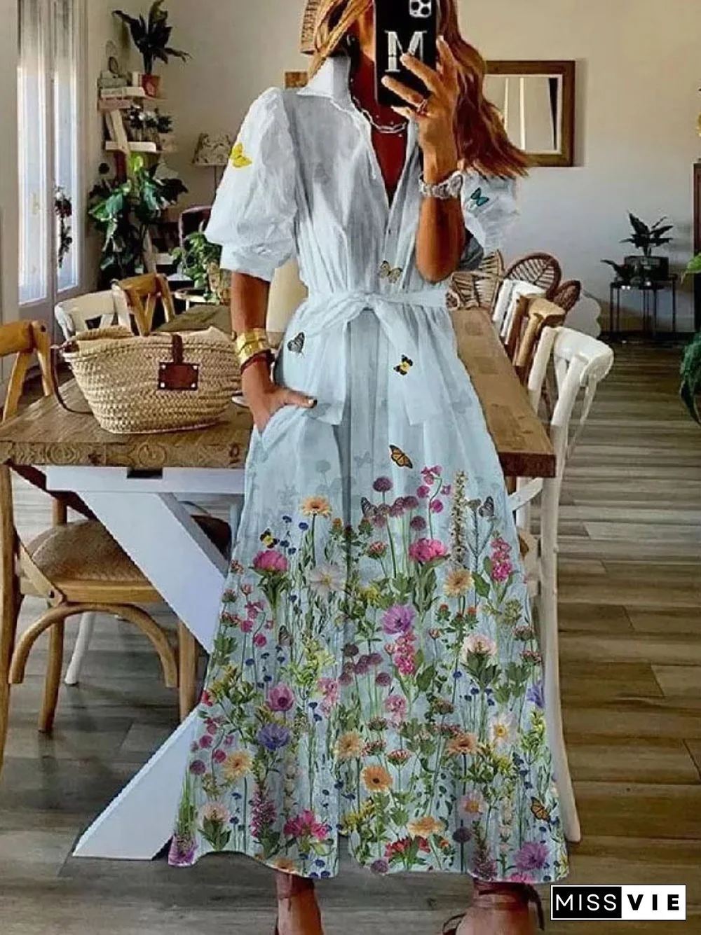 Casual Summer Pattern Printed Shirts Long Dress Ladies Fashion Short Sleeve Lapel Lace Up Dress Retro Loose A-Line Women Dresses