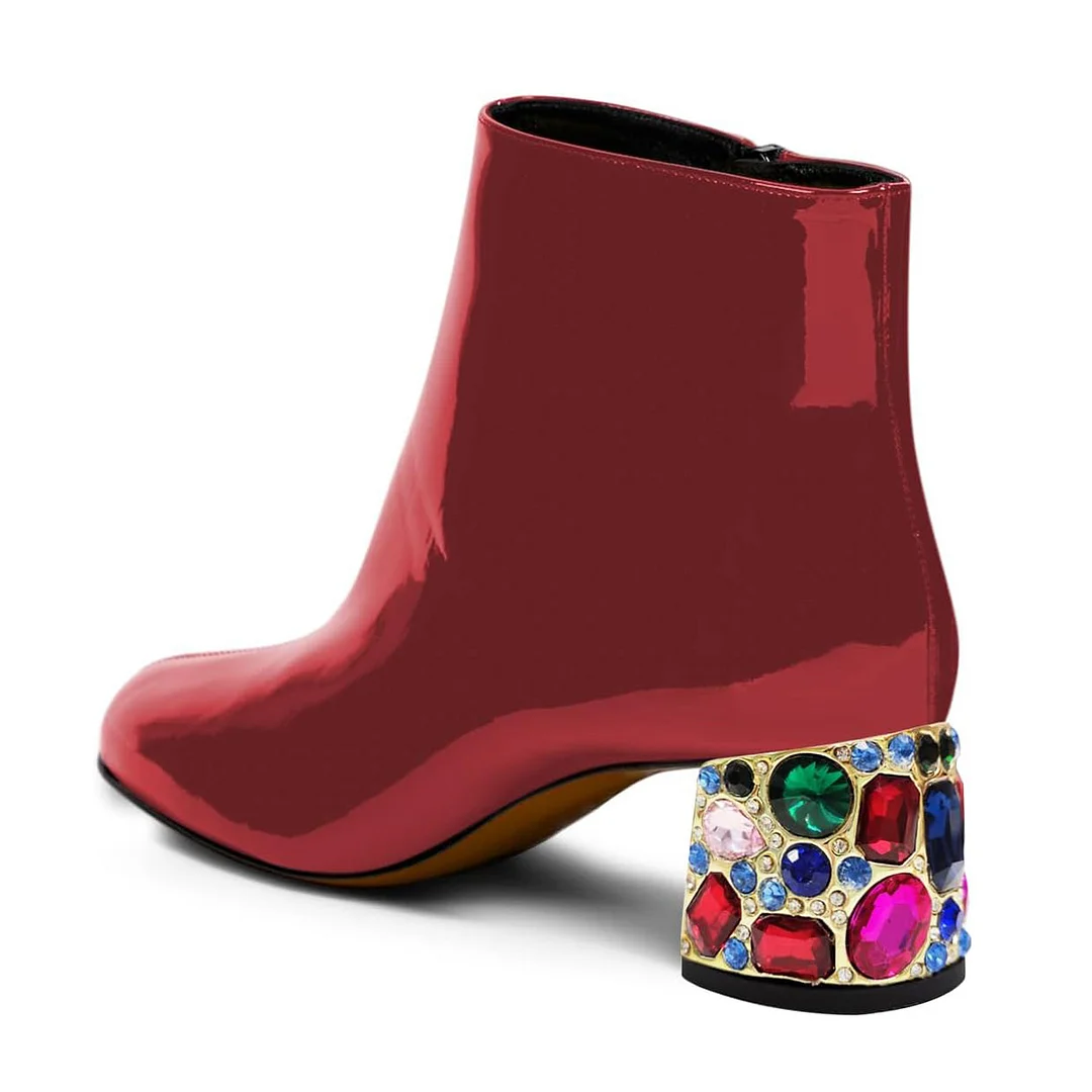 Red Patent Round Toe Zipper Ankle Boots with Rhinestone Block Heel
