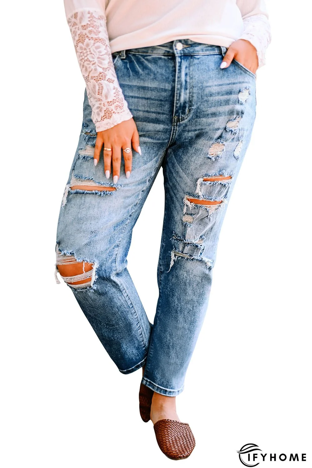 Blue Plus Size Distressed Slit Vintage Jeans | IFYHOME