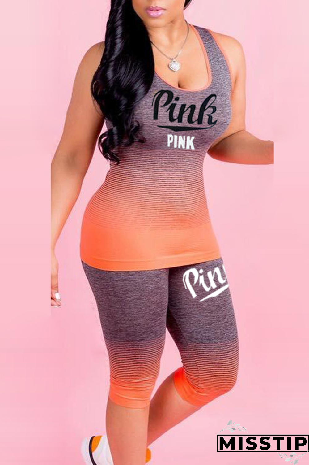 Tangerine Red Sportswear Gradual Change Patchwork U Neck Sleeveless Two Pieces