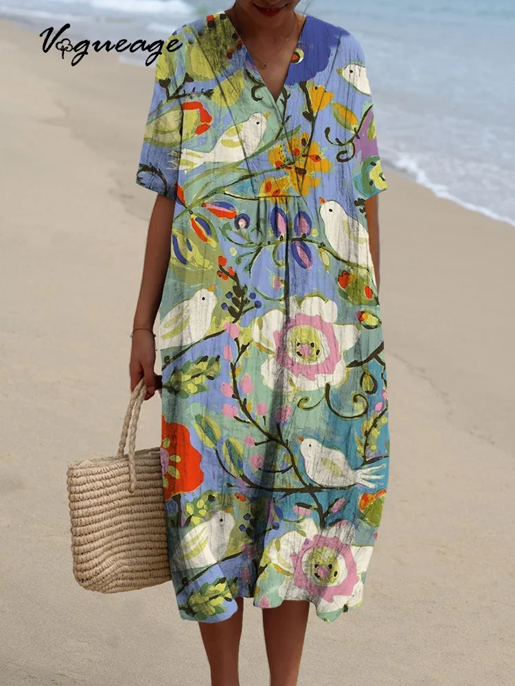 Casual Fashion Oil Painting Flowers And Birds Printed Women's Casual Cotton And Linen Dress