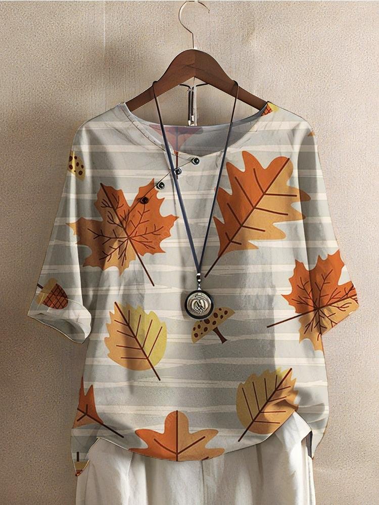 Women's Maple Leaves Printed Half Sleeved V-Neck T-Shirt