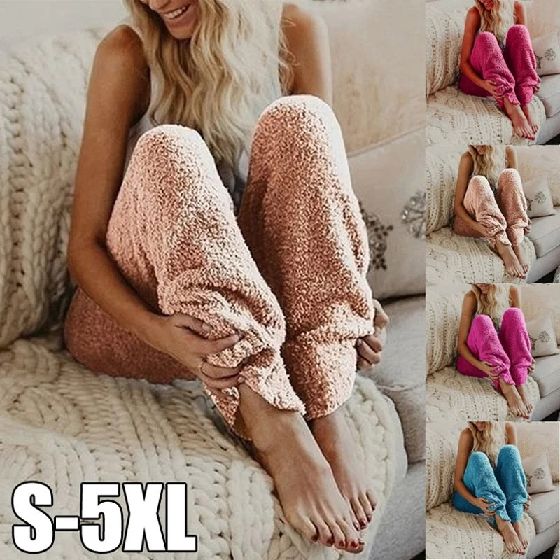 New Sleep Fluffy Long Pants Winter Women's Soft Plush Flannel Pajama Sleep Bottoms Solid Color Loose Thicker Trouser Loungewear