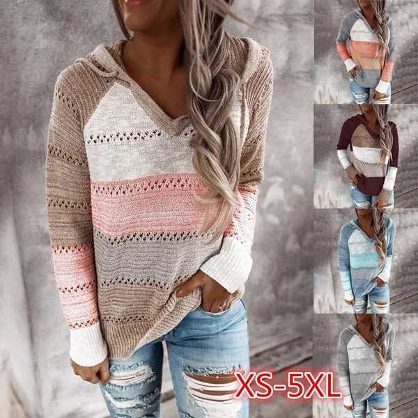 New Women's Fashion V-Neck Long Sleeve Knit Sweater Casual Color Block Hollow Out Stripe Drawstring Hooded Pullover Sweatshirt Tops Plus Size XS-5XL - Shop Trendy Women's Fashion | TeeYours