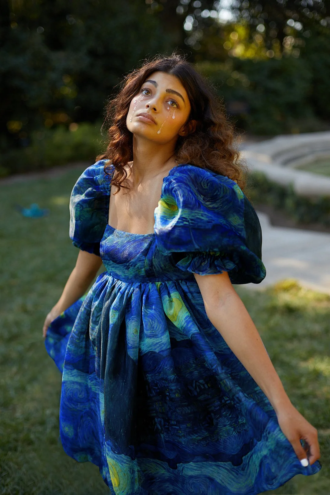 Brownm Printed Square Collar Lantern Short High Waist Sleeve Women's Backless Puffy Dress