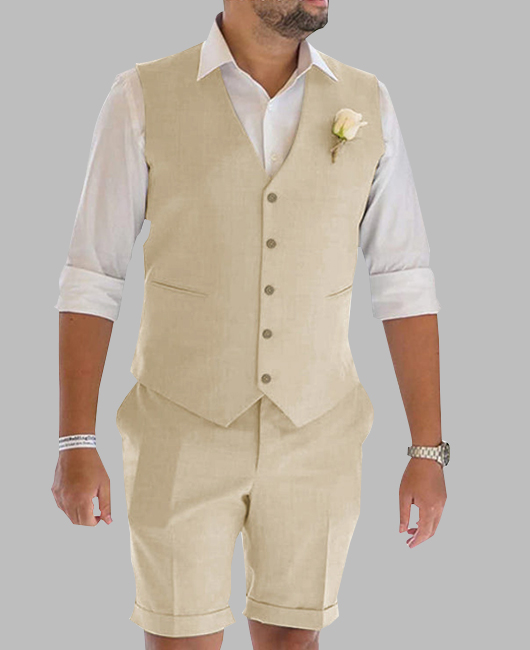 Wedding Flax V Neck Single Breasted Vest & Shorts 2Pcs Set