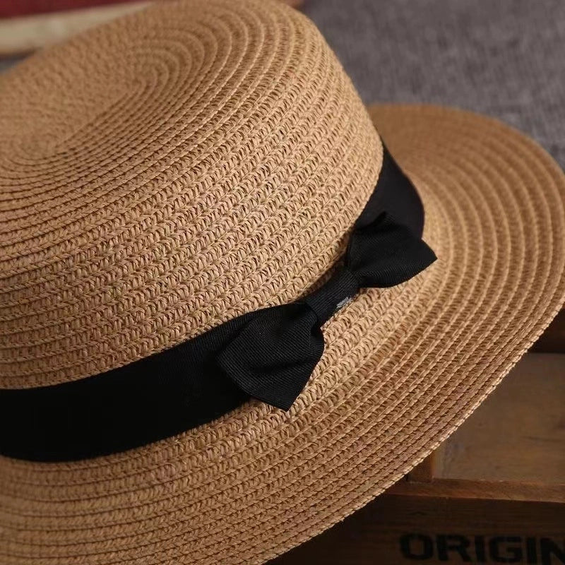Straw Hat Summer Travel Bow Big Flat Top Hat Sunshade Sun Protection Retro Small Top Hat Beach Hat