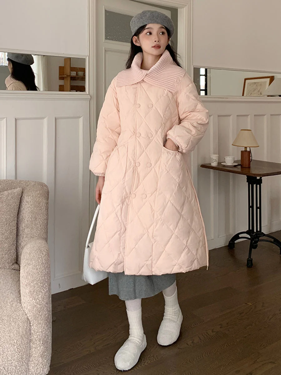 Toloer Ling Ge Knitting Collar Long Down Jacket Female 2024 Winter Fashion Thick Thin Belt Waist Show Thin Over The Knee Coat Tide-Outfit Ideas