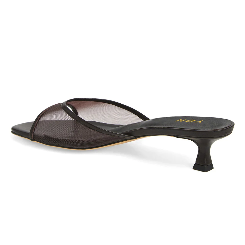 Mesh Open Round Toe Mule Kitten Heel Slides Shoes in Black