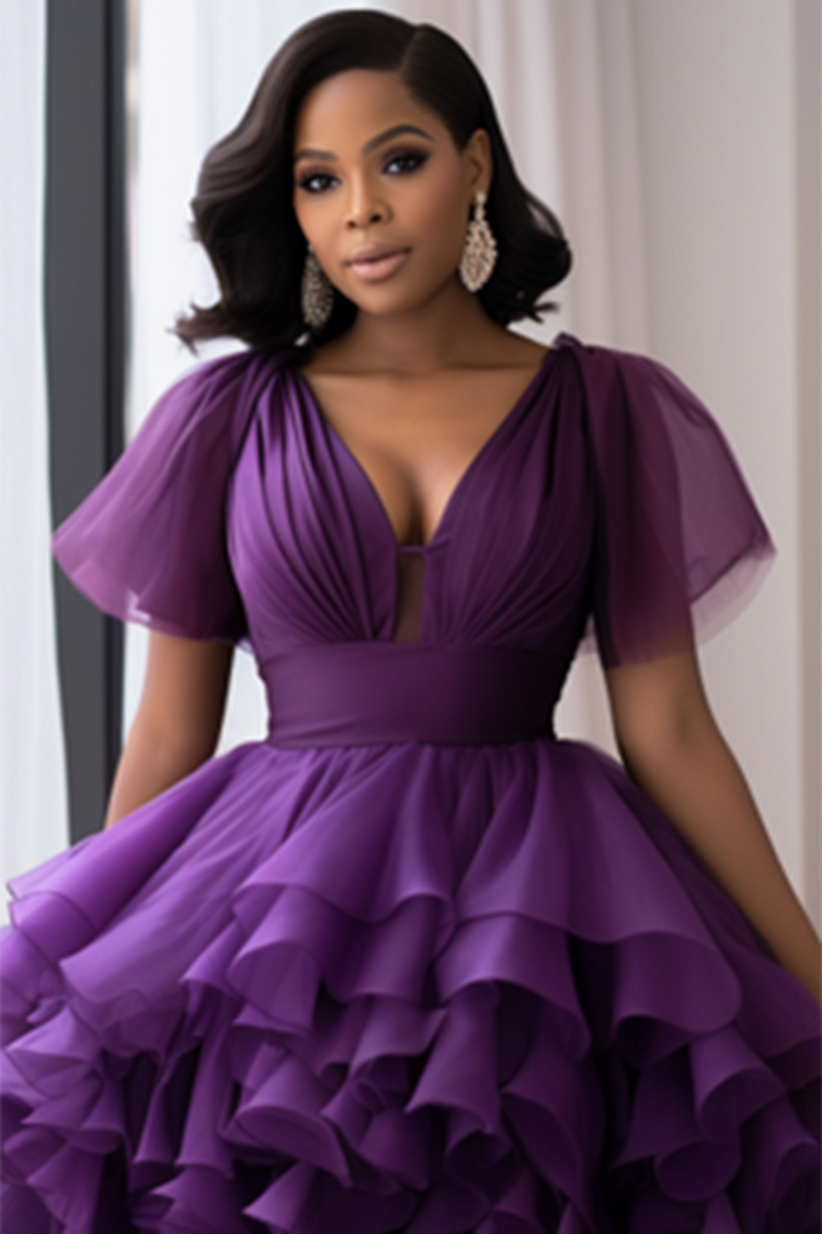 Xpluswear Design Plus Size Cocktail Party Purple Elegant Short Sleeve Bubble Ruffle Tulle Mini Dresses [Pre-Order]