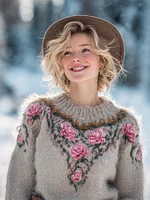 Vintage Floral Knit Embroidery Art Women's Icelandic Sweater