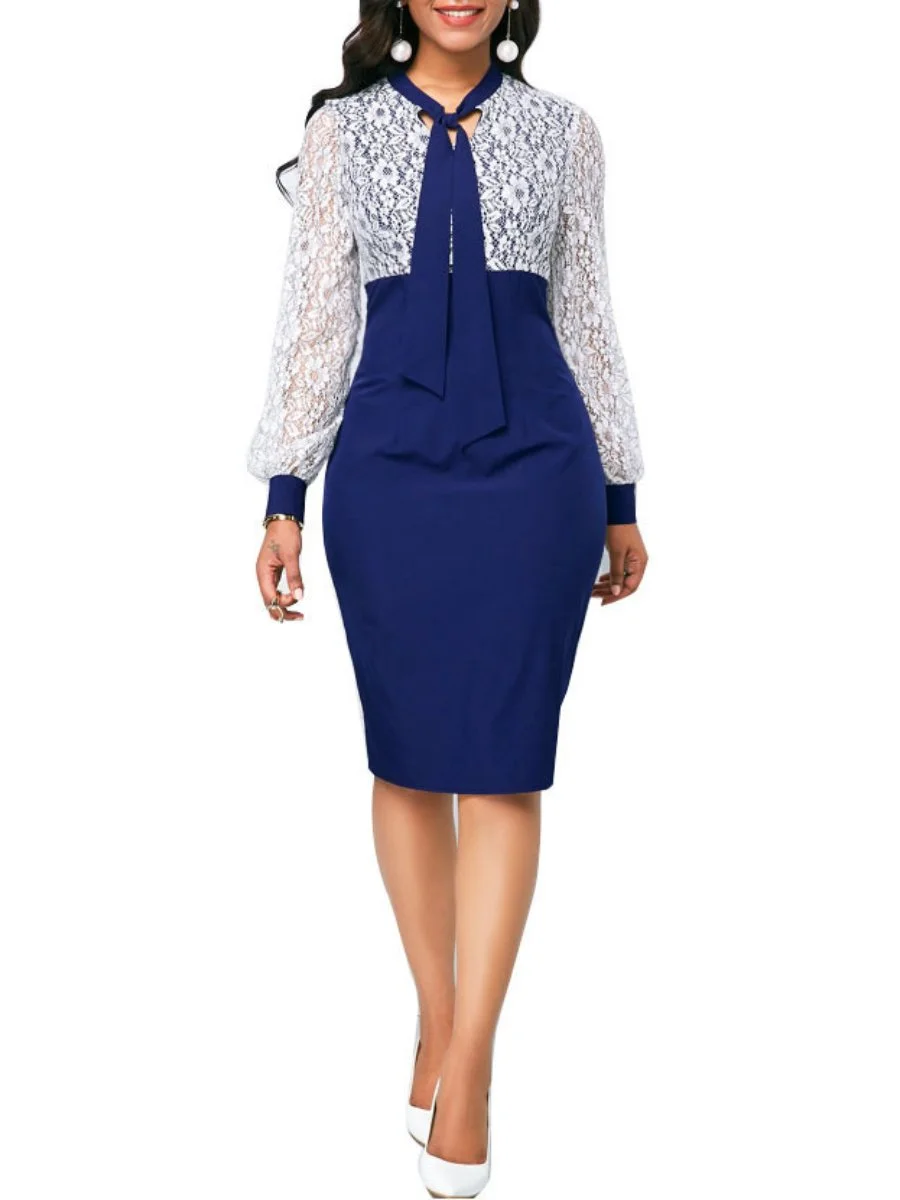 Pencil Dresses Lace Patchwork Tie Neck Long Sleeve Plus Size Dress