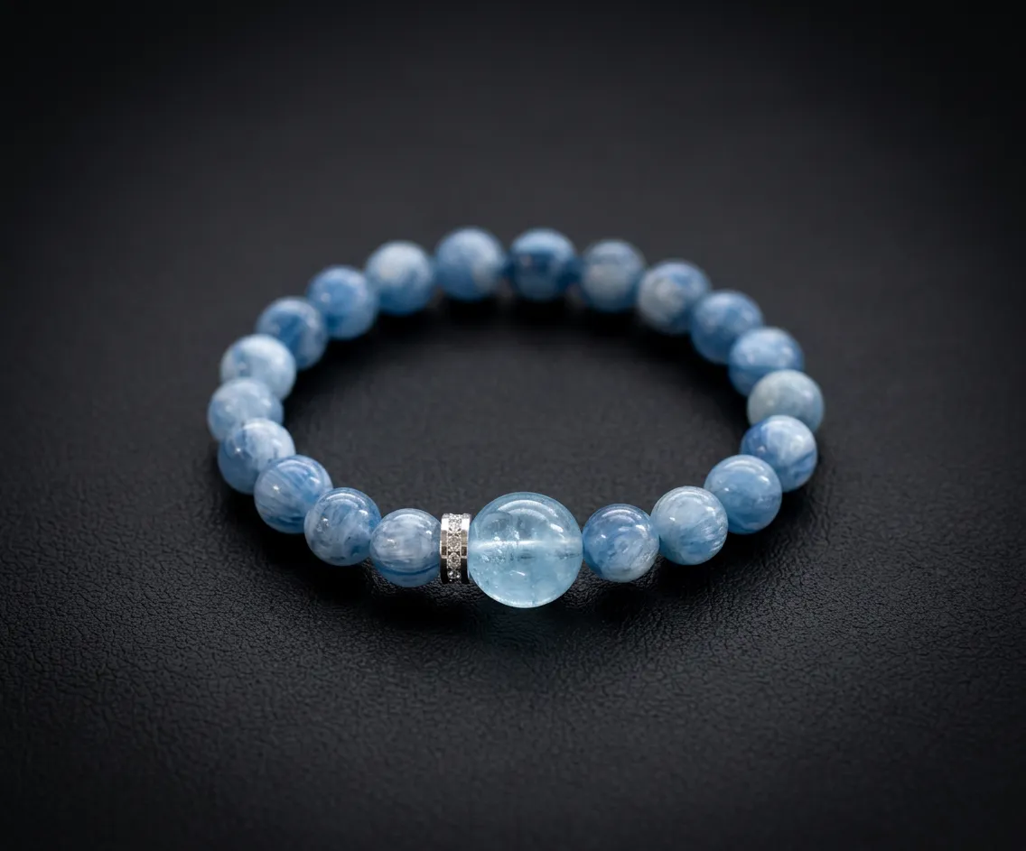 Serene Azure: Collector's Grade Natural Aquamarine & Blue Crystal Bracelet Impressionist Azure Mist-Standard (Fits 14-16cm wrists)