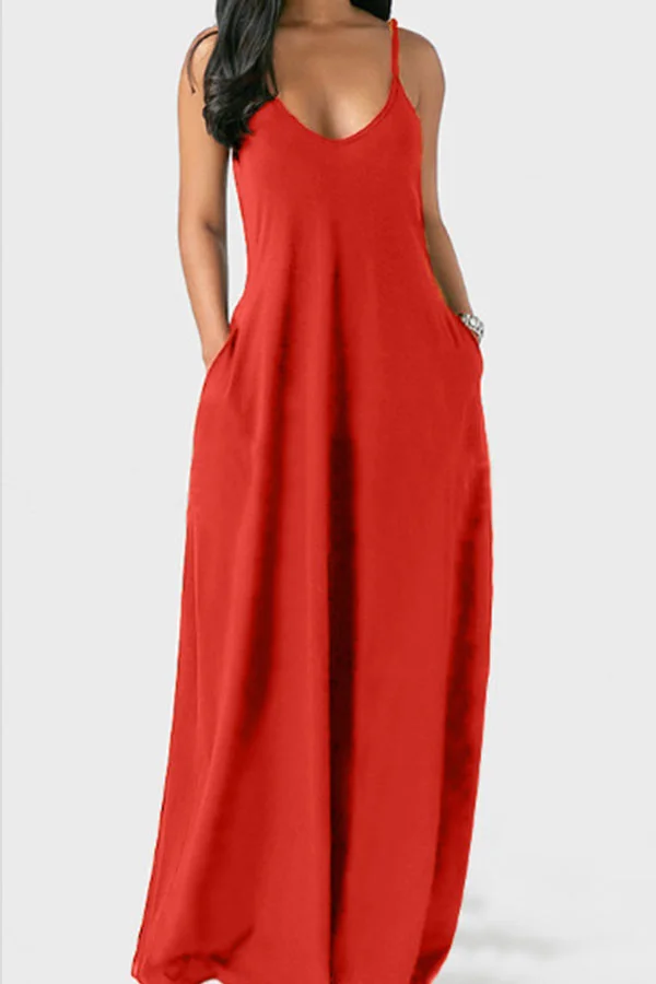 rose red Milk. Fashion Sexy Casual Spaghetti Strap Sleeveless Slip Princess Dress Floor-Length Solid Dresses