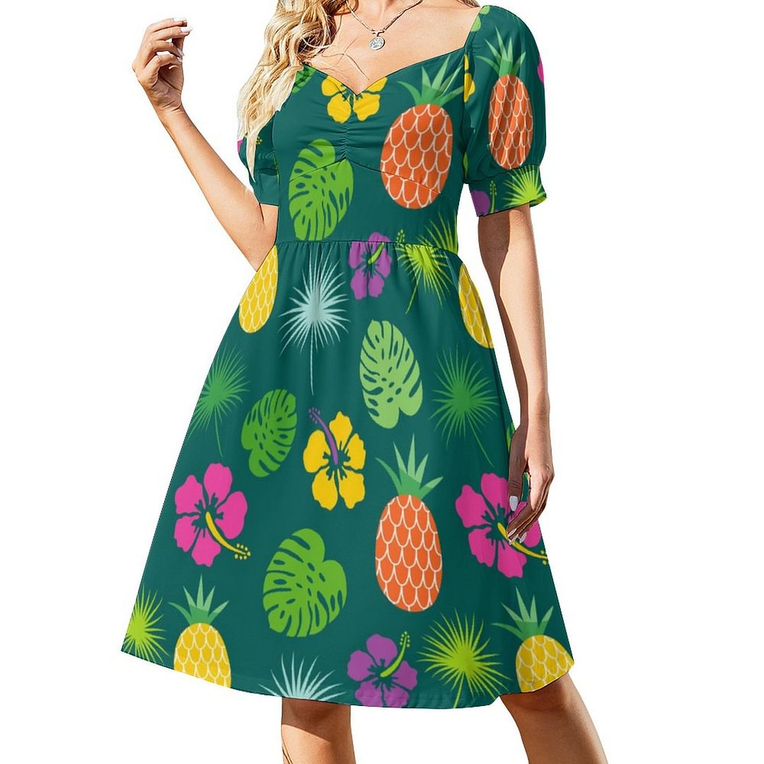 Custom Cute Girly Pineapple Dress Personalized Vintage Tropical Aloha Drink Floral Hawaiian Beach Short Sleeve Midi Party Dresses