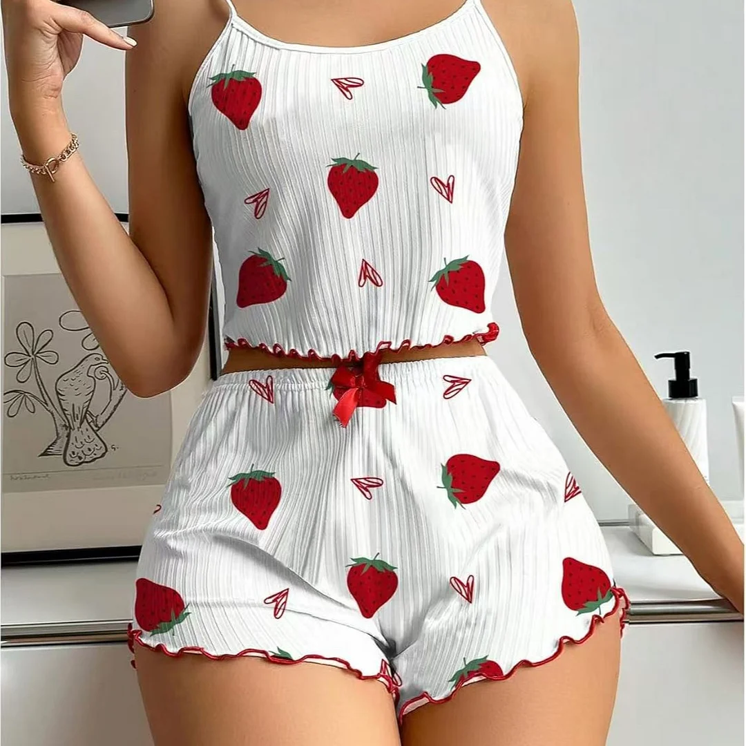 Uveng Strawberry Love Pajamas Women's Sling Vest Shorts Set Printed Homewear