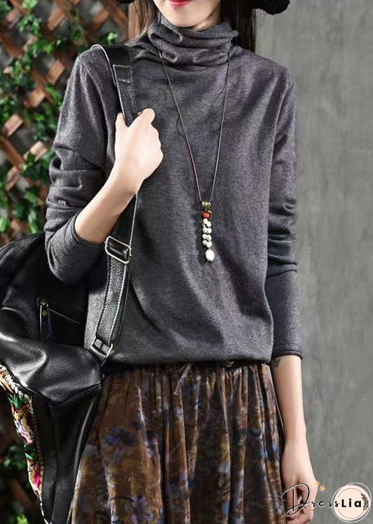 Grey Patchwork Loose Knitting Cotton Tops Turtleneck Fall