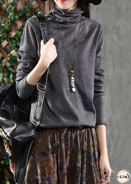 Grey Patchwork Loose Knitting Cotton Tops Turtleneck Fall