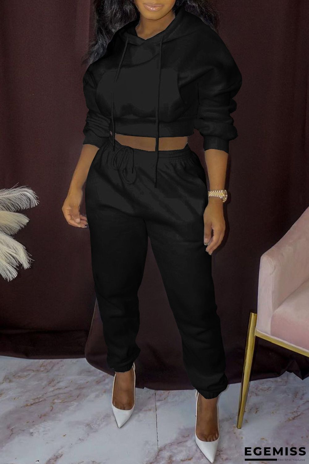 Black Fashion Casual Solid Basic Hooded Collar Long Sleeve Two Pieces | EGEMISS