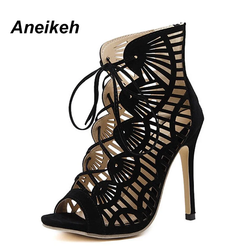 Aneikeh Summer Sandals Women Pumps Open-toed High Heels Fashion Hollowing Out Serpentine Pattern Belt 11cm Thin Party Shoe 35-40