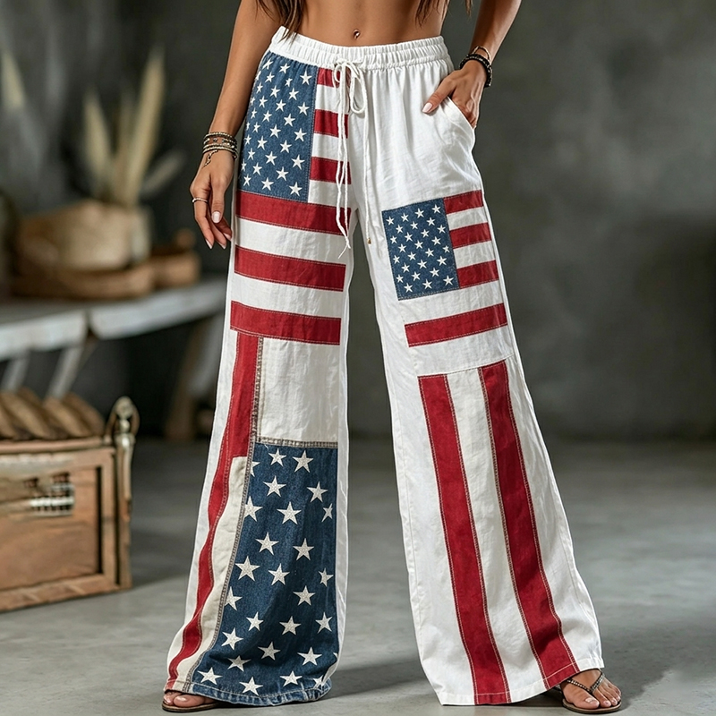  Women's Vintage Flag Patchwork Art Linen Pants Westsshops