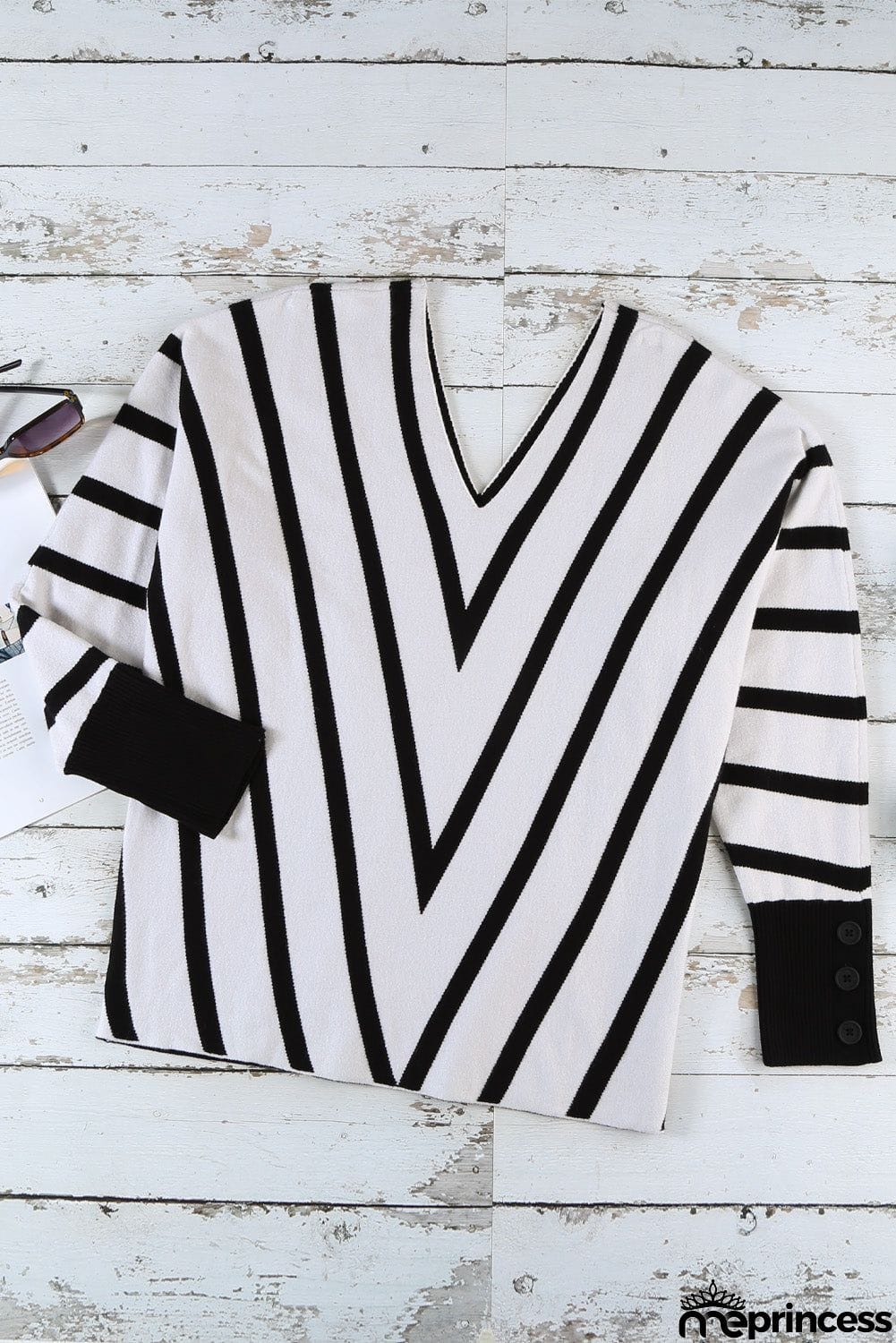 Khaki V Neck Popper Cuff Striped Casual Sweater