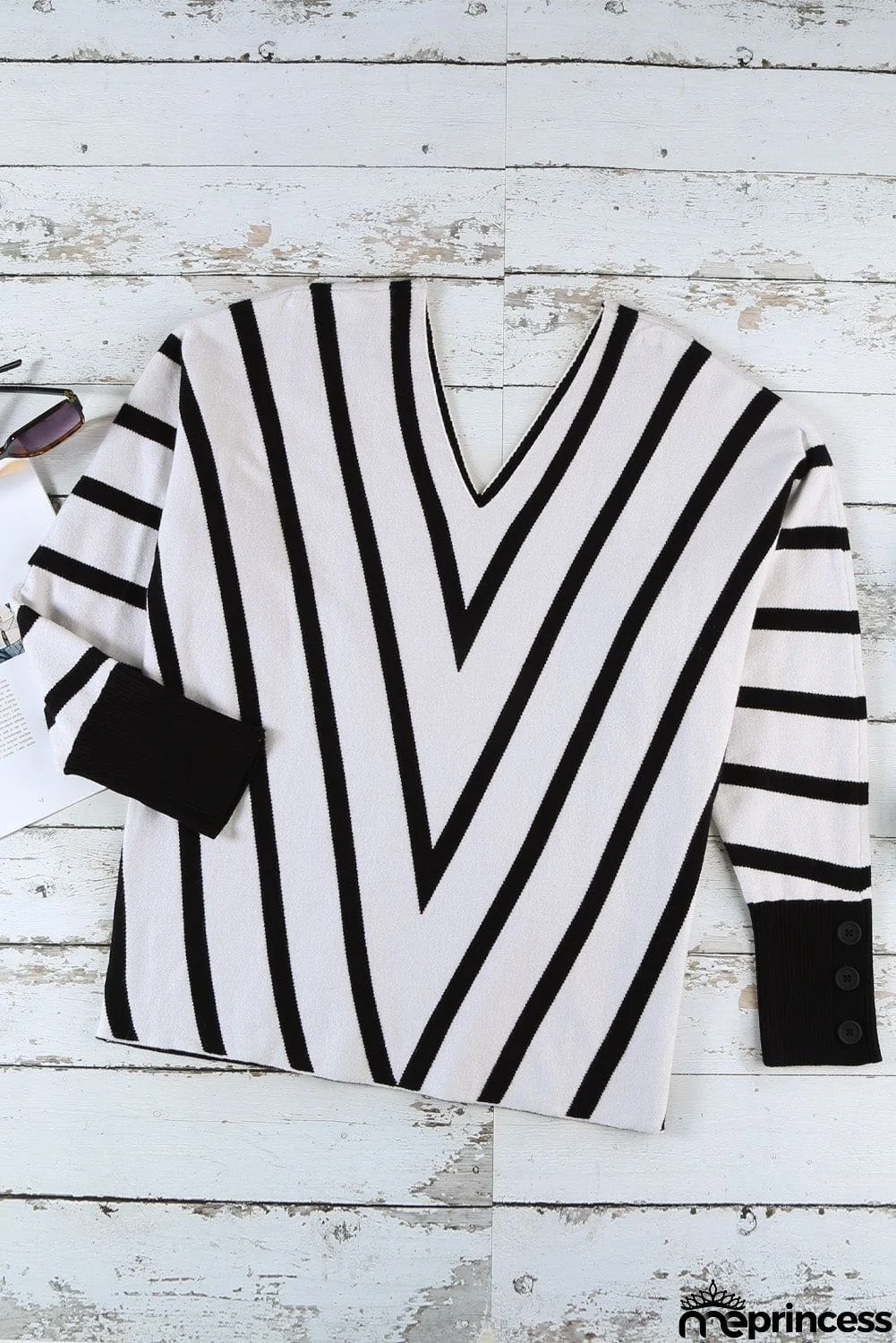 Khaki V Neck Popper Cuff Striped Casual Sweater