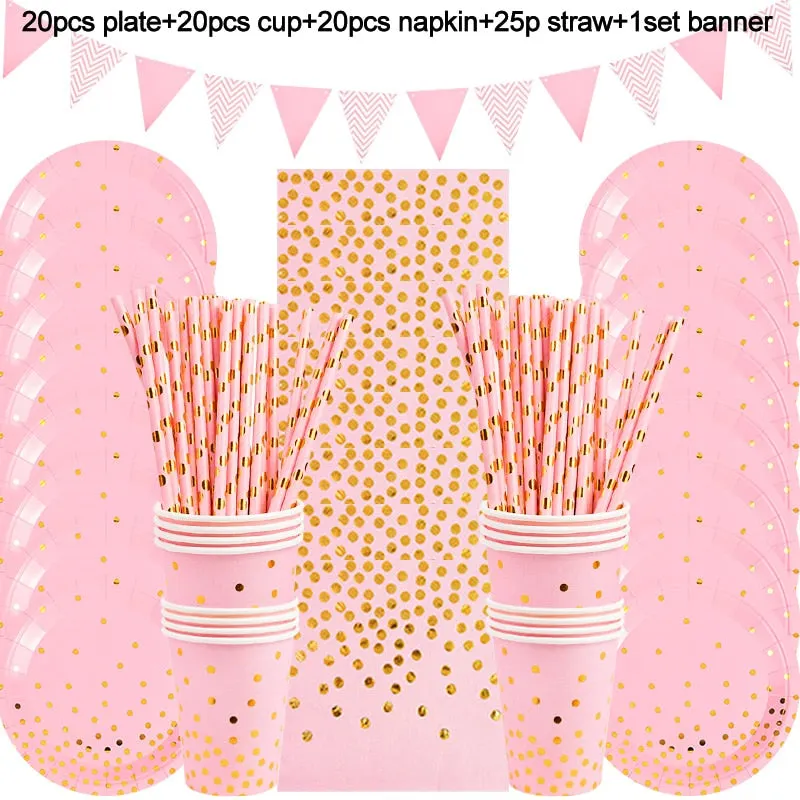 Rose Gold Party Disposable Tableware Set Paper Plate Cup Napkin Wedding Kids Adult Birthday Party Table Decoration Baby Shower