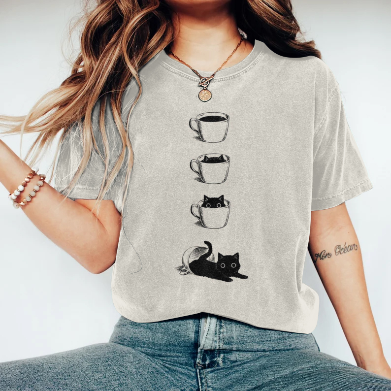 Comstylish Abstract Creative Black Cats In Coffee Cup Art Print T-shirt