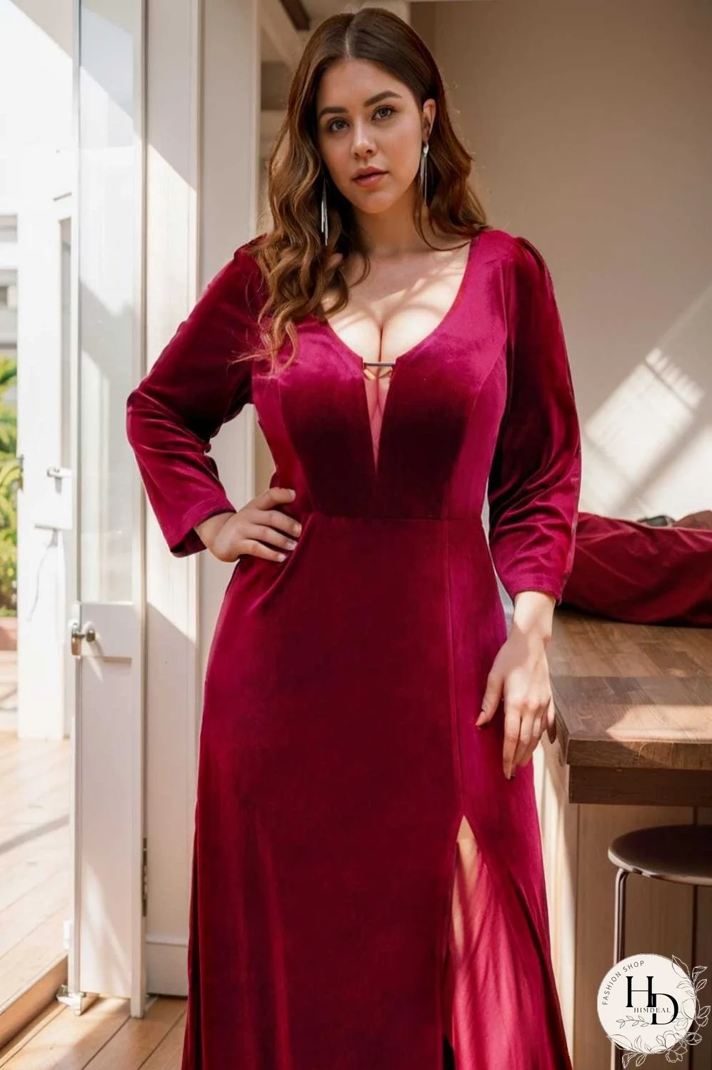 velvet 3 4 length sleeve illusion v neck front slit evening dress