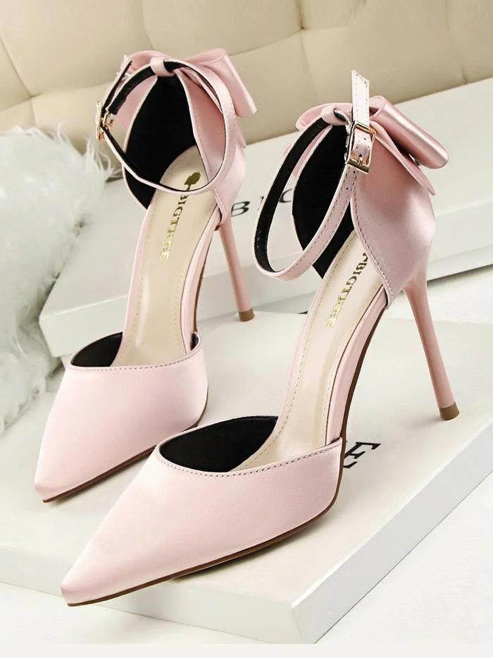 Stiletto high heel shallow pointy satin hollow back bow sandals