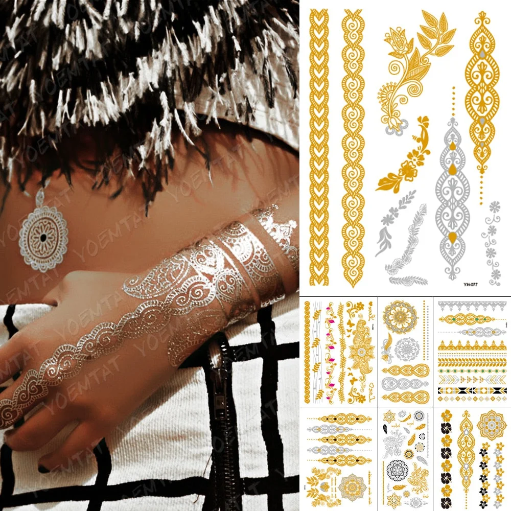 Waterproof Temporary Tattoo Sticker Mandala Henna Bracelet Gold Silver Metallic Flash Tatoo Boho Party Jewelry Glitter Body Art