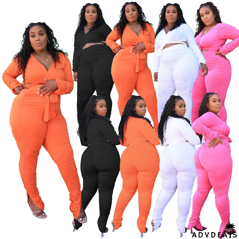 Plus Size Women Solid V-Neck Lace-Up Pleated Long Sleeve Top + Pants Two-Piece Set