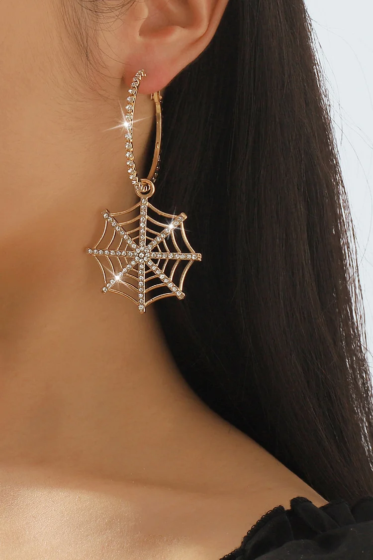 Halloween Gold Spider Web Rhinestone Hoop Earrings 2024 - Xpluswear