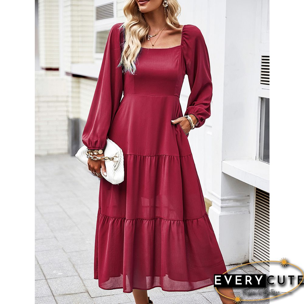 Burgundy Solid Square Neck Pocket Long Sleeve Dress