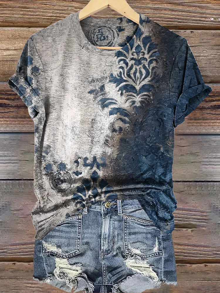 Colorblock Patterned Textured Print Crew Neck Tee
