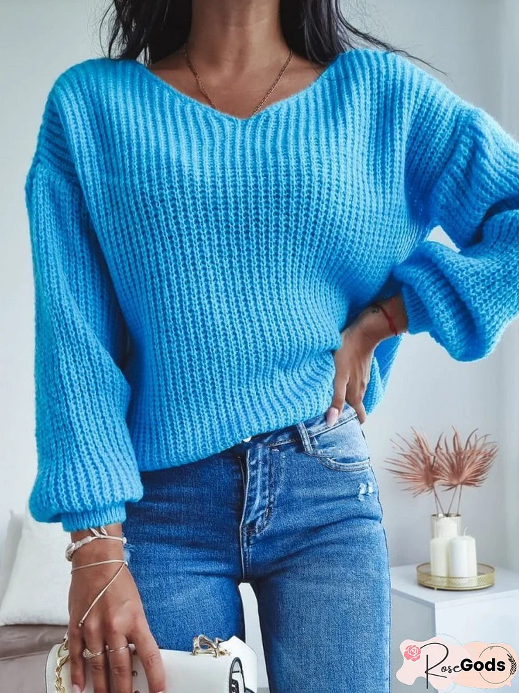 Casual Long Sleeve V Neck Sweater