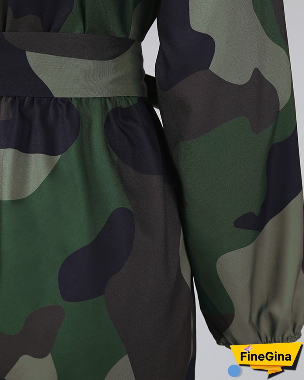 V Neck Camouflage Print Buttoned Jumpsuit