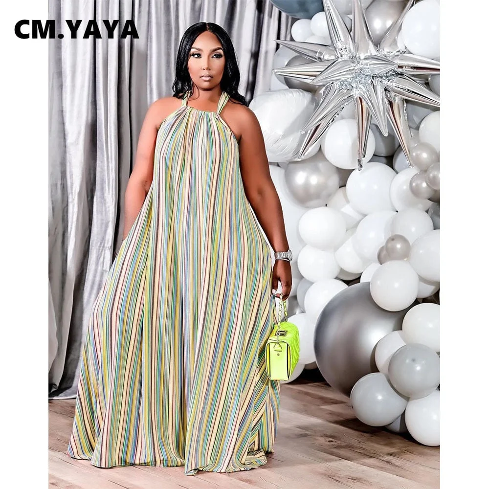 CM.YAYA Women Plus Size Dress O-neck Sleeveless Hater Long Loose Striped Dress Casual Sexy Beach Dress Autumn 2021