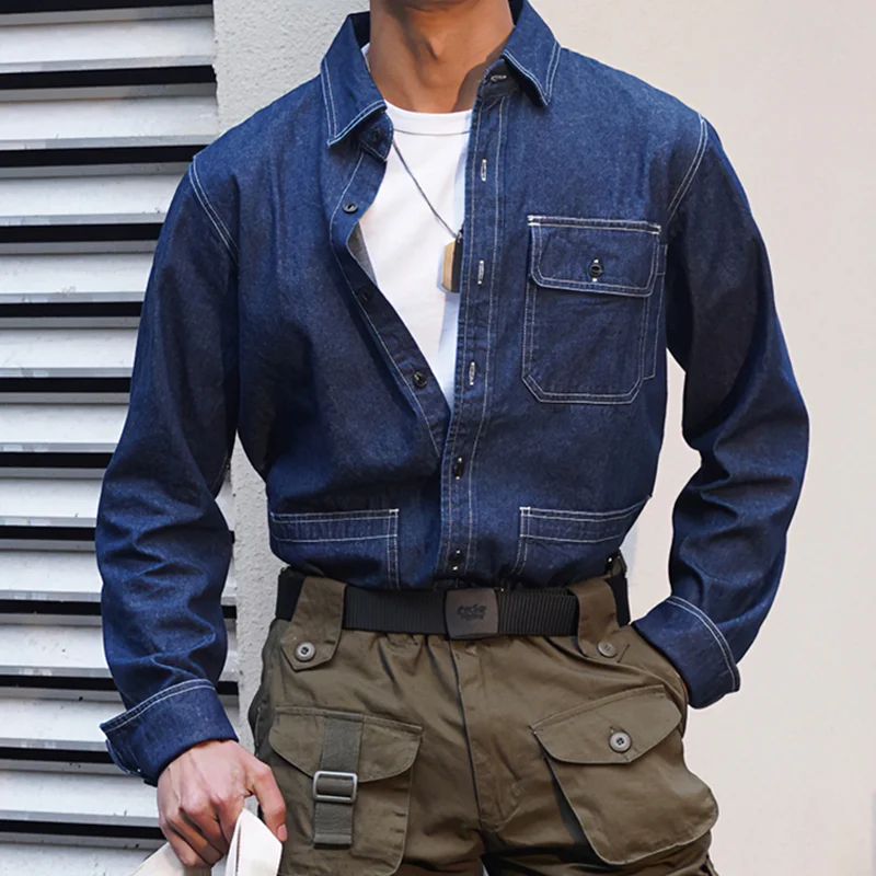 Military Multi-Pocket Denim Work Shirt