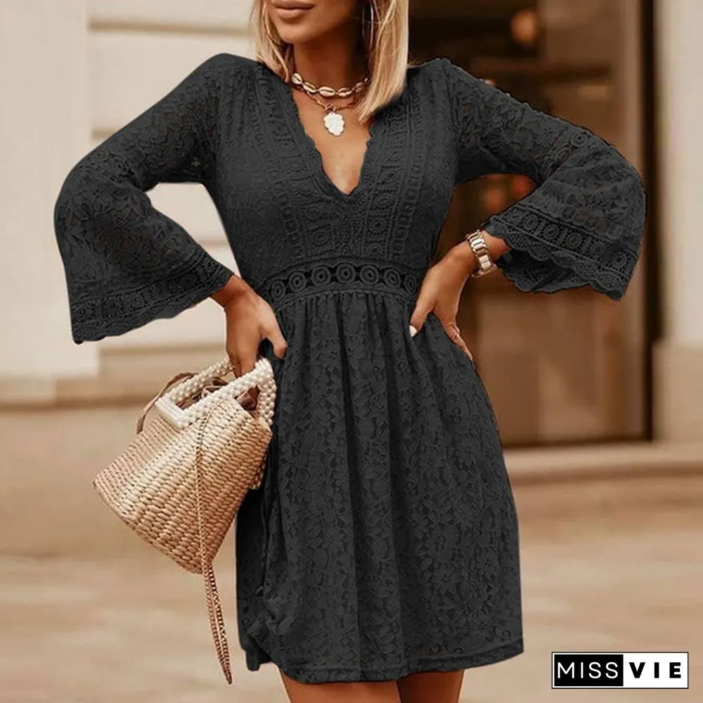 Womens Lace Stitching Elegant Dress Flare Long Sleeve Neck Party Casual Loose Mini Plus