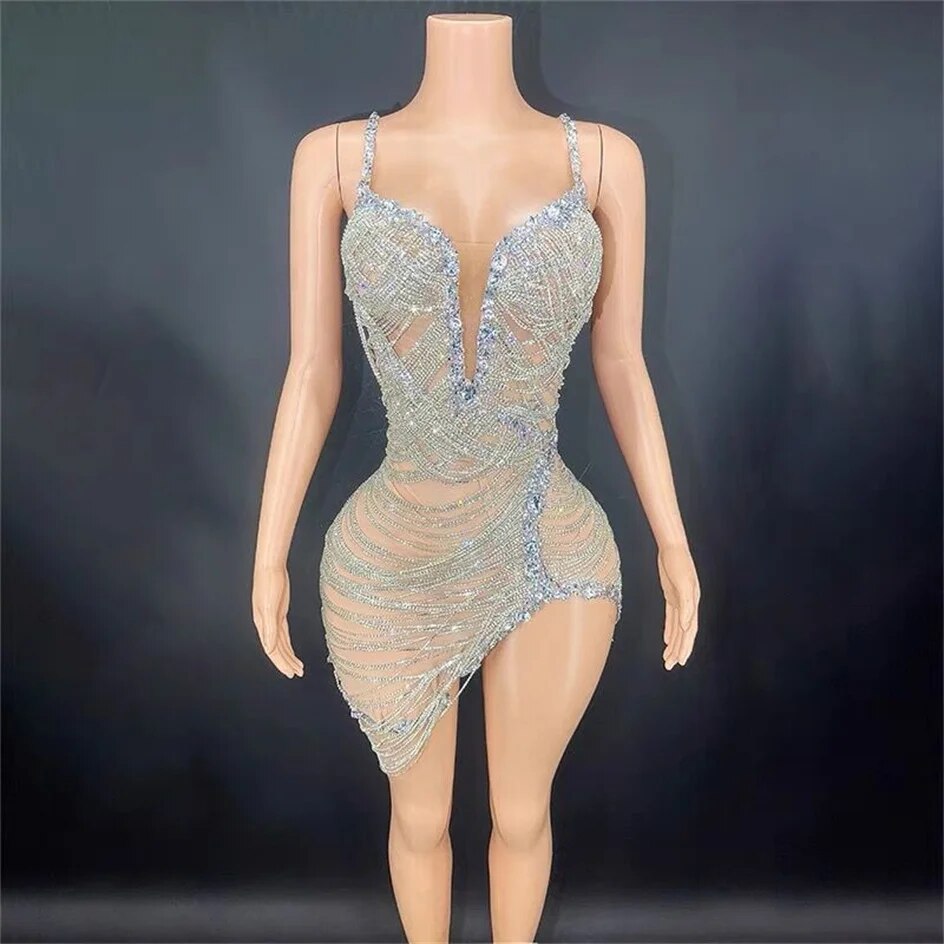 VCSHOES Rhinestone Chain Sliver Color Mini Sheath Dress Evening Party Performance Costume Nightclub Singer Dancer Stage Wear