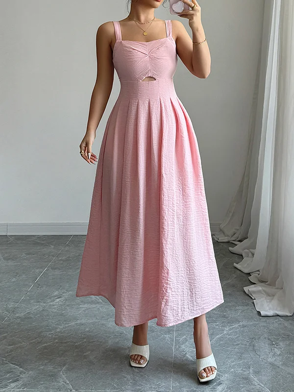 Zipper Solid Color Pleated Hollow Backless Sleeveless Loose Spaghetti-Neck Midi Dresses