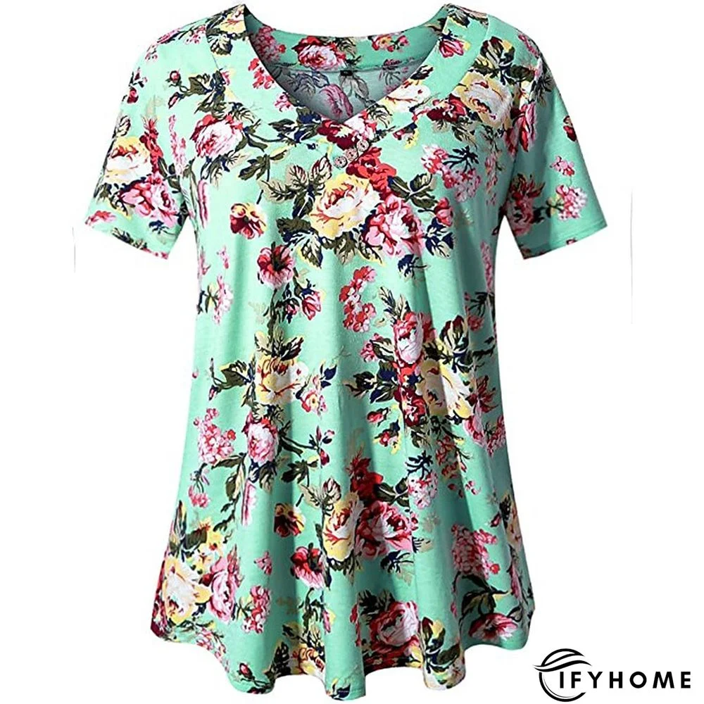 Women's Shirt Blouse Denim Blue Black White Leopard Floral Print Short Sleeve Casual Holiday Basic V Neck Regular Floral Plus Size M | IFYHOME