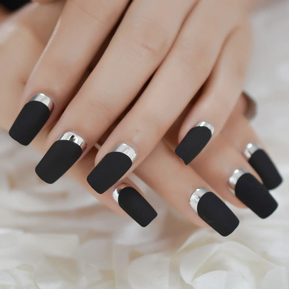 Medium Long Matte Classical Adult Fake Nails French Black Square Silver Pre-designed Nail Fashionable Press On Nails