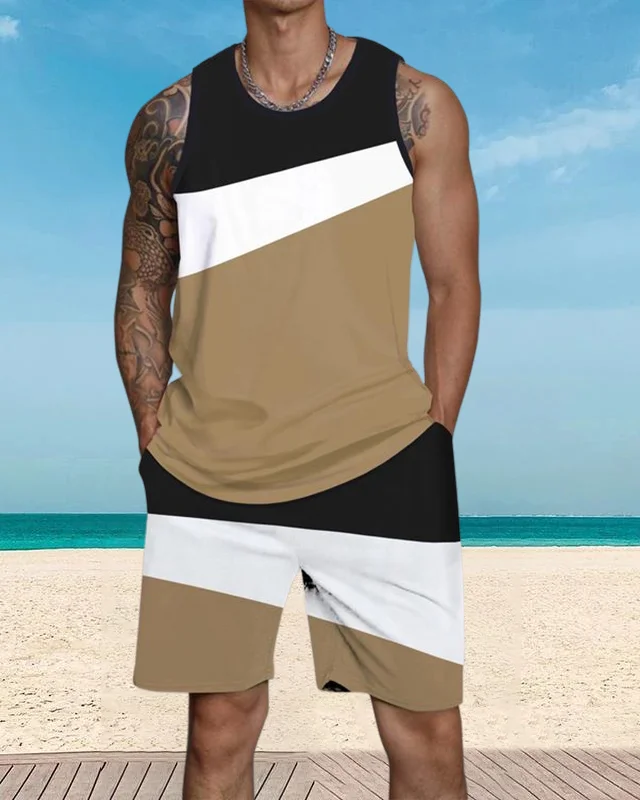 Men's casual vacation color block printed vest Set 049